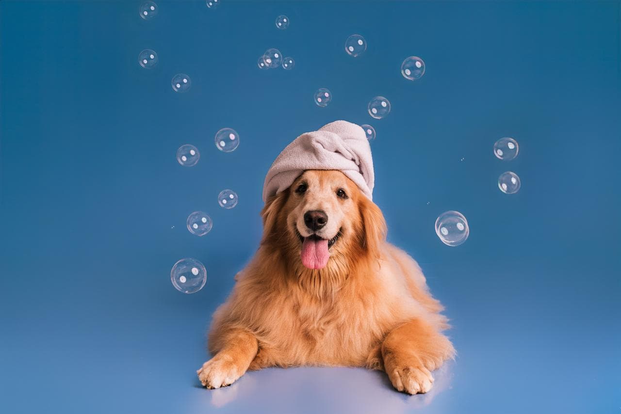 Cão golden retriever com toalha após o banho no Lua Pet Spa